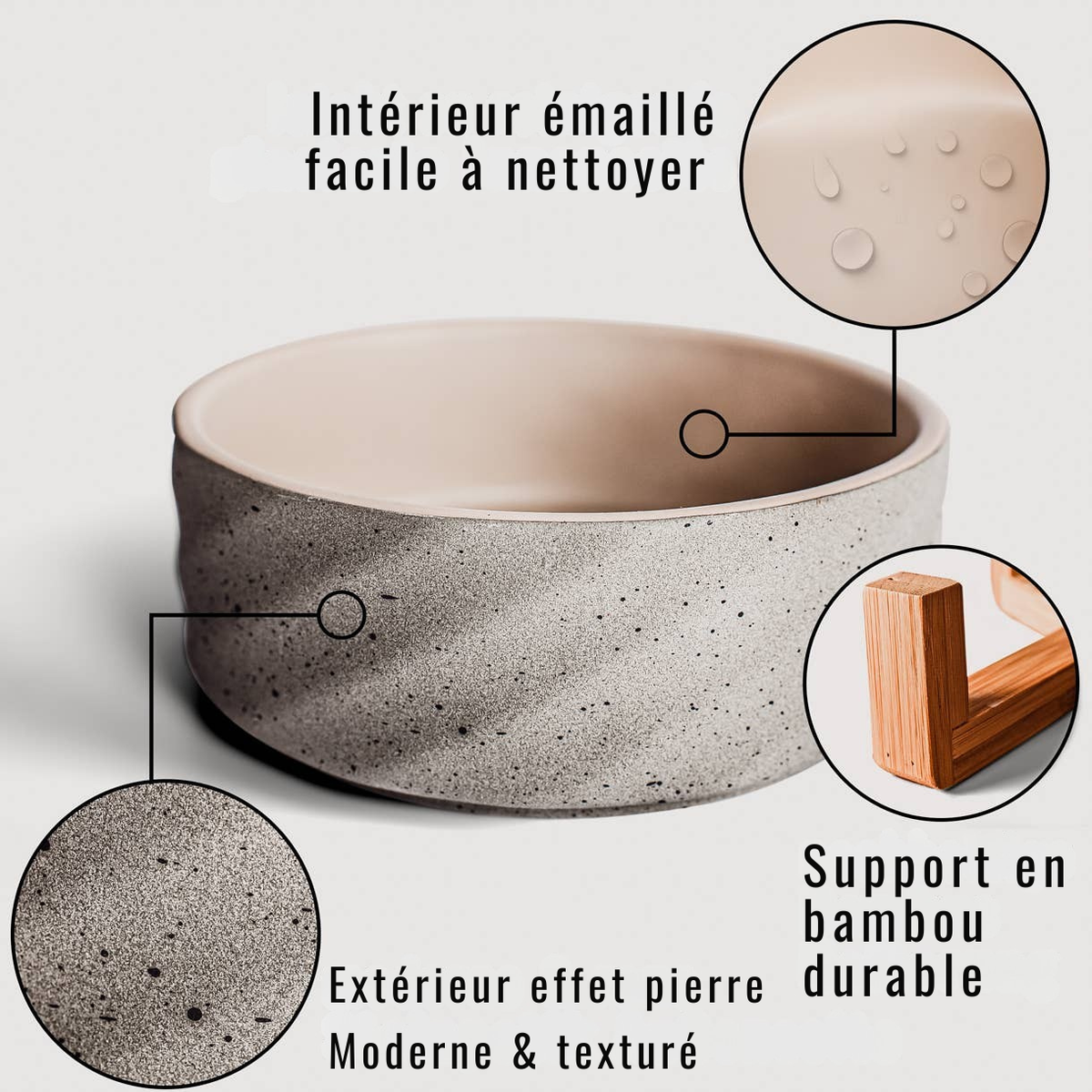 Double ceramic bowl on a bamboo stand