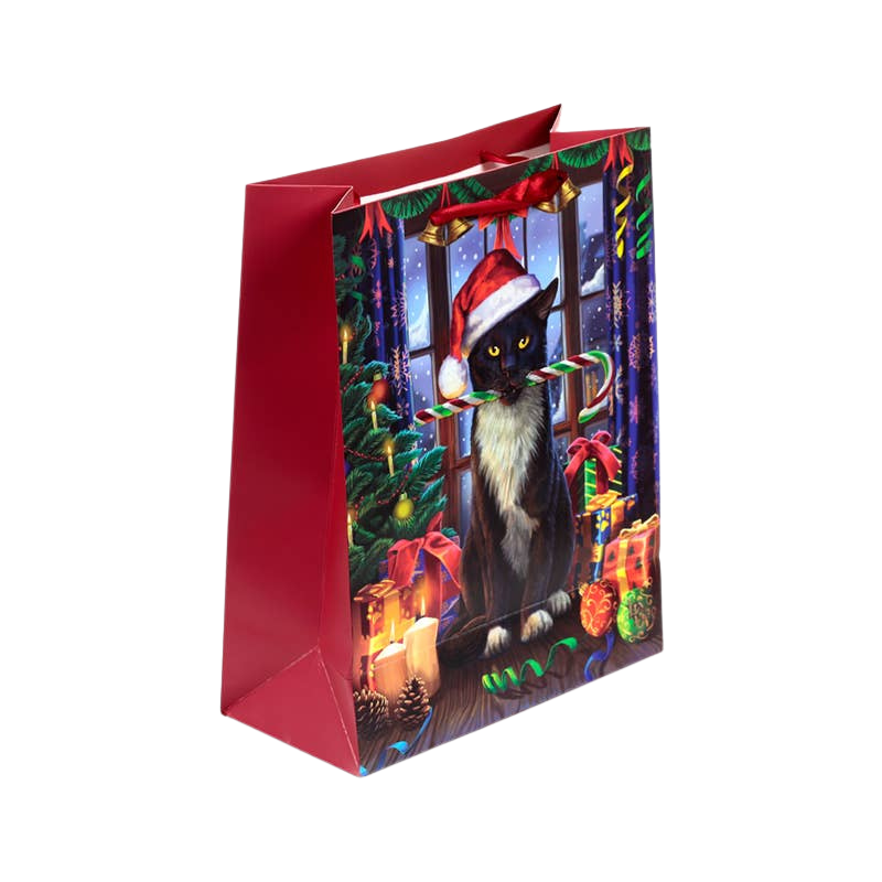 Large cat-pattern Christmas gift bag with tag