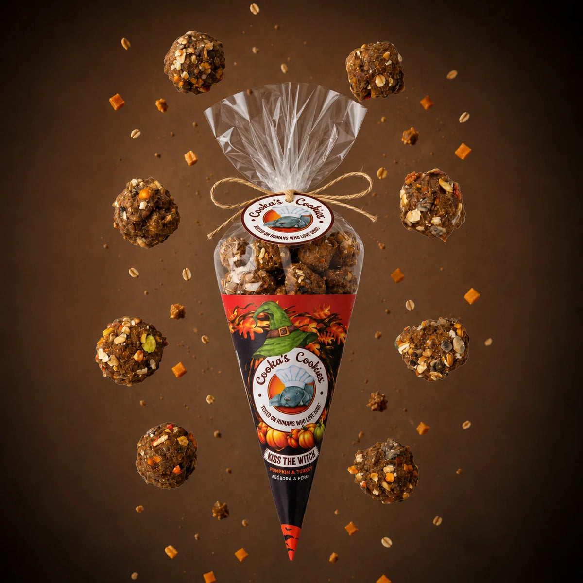 Halloween turkey and pumpkin dog treat cone
