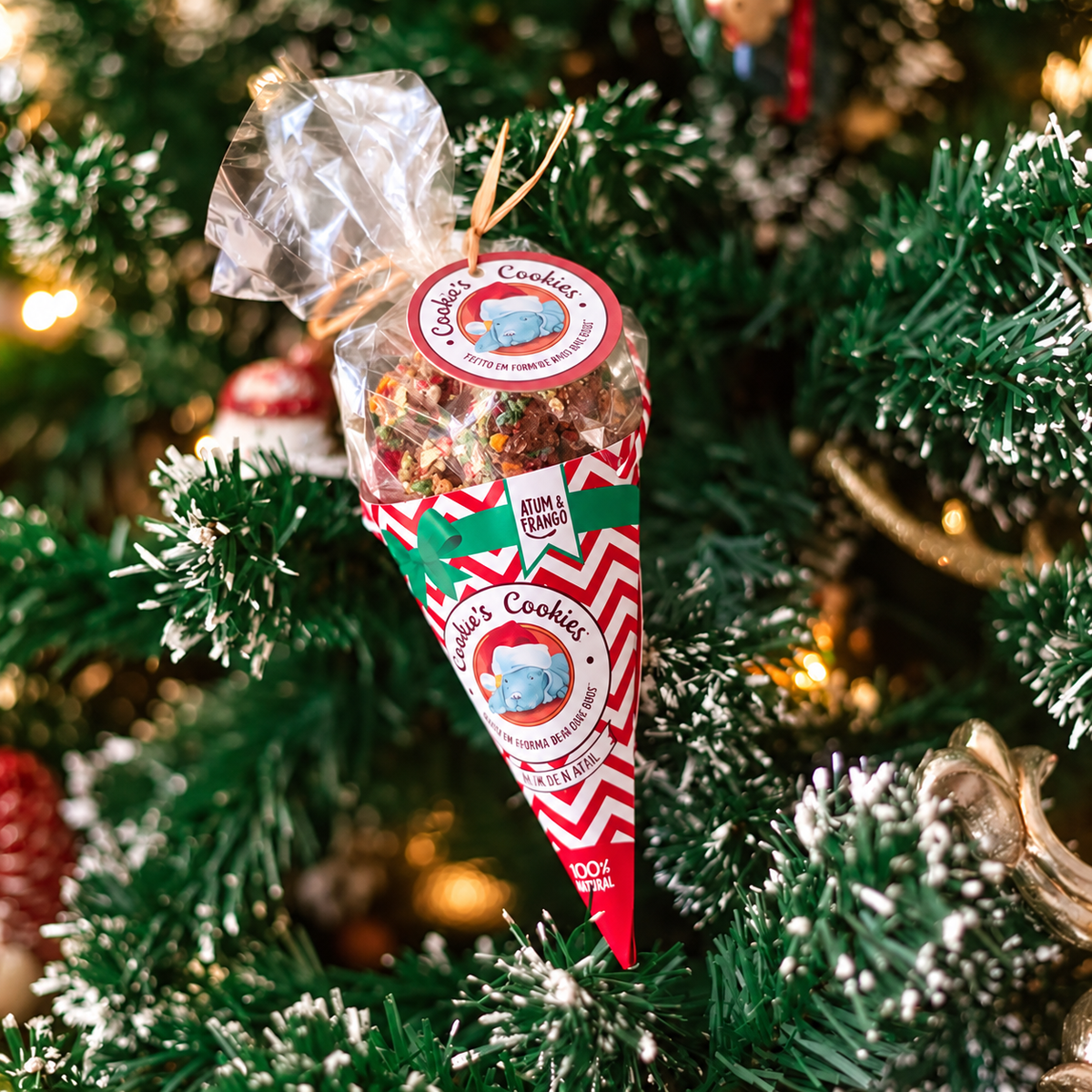 Festive cone of chicken and tuna treats for dogs