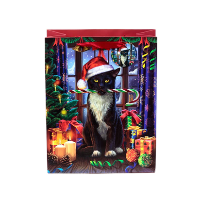 Large cat-pattern Christmas gift bag with tag