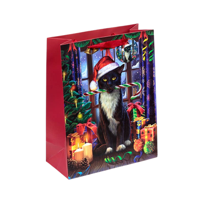 Large cat-pattern Christmas gift bag with tag