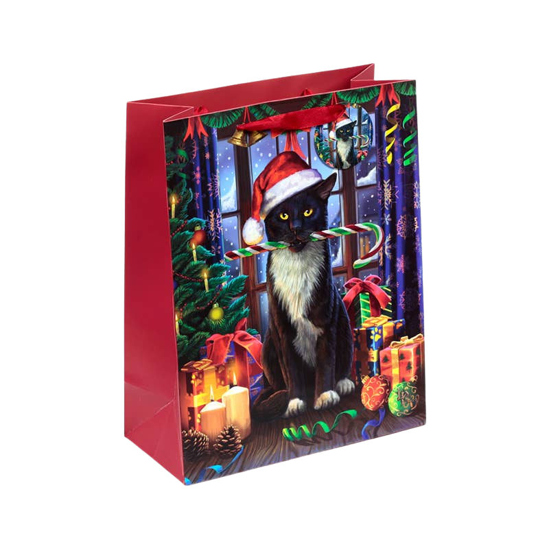 Large cat-pattern Christmas gift bag with tag