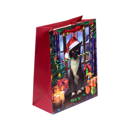 Large cat-pattern Christmas gift bag with tag