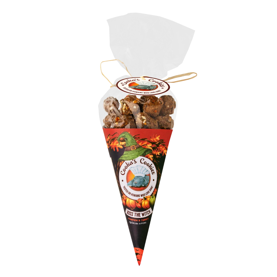 Halloween turkey and pumpkin dog treat cone