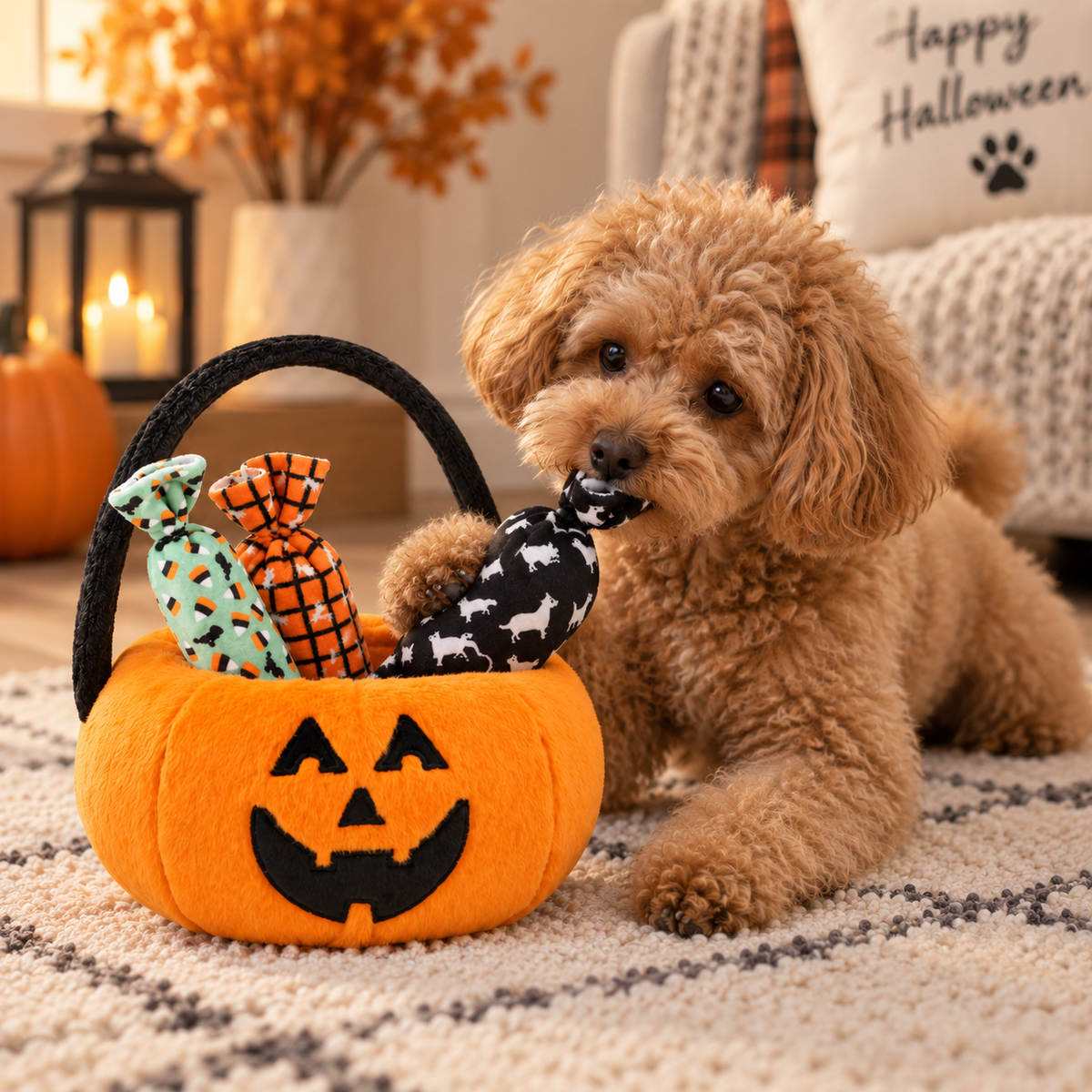 Halloween pumpkin basket with 3 dog toys